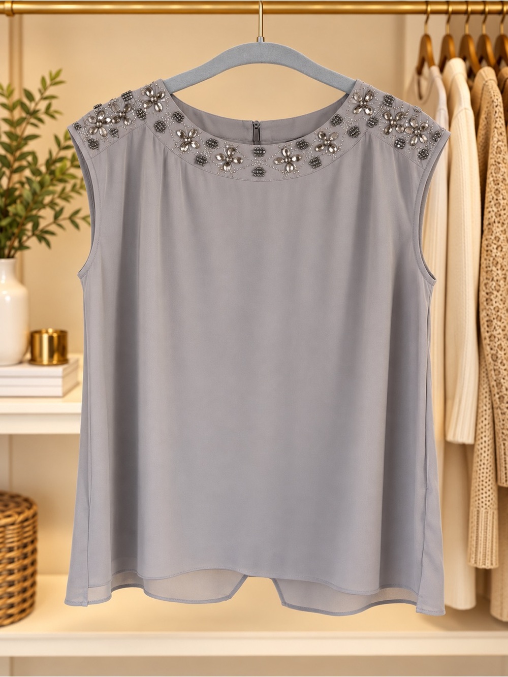 Black Collection Embellished Grey Blouse | Beaded Rhinestone Neckline | M